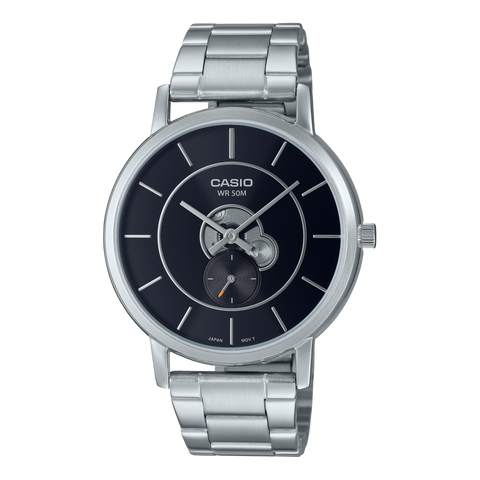 Casio Enticer MTP-B130D-1A men's stainless steel watch with a textured black dial.