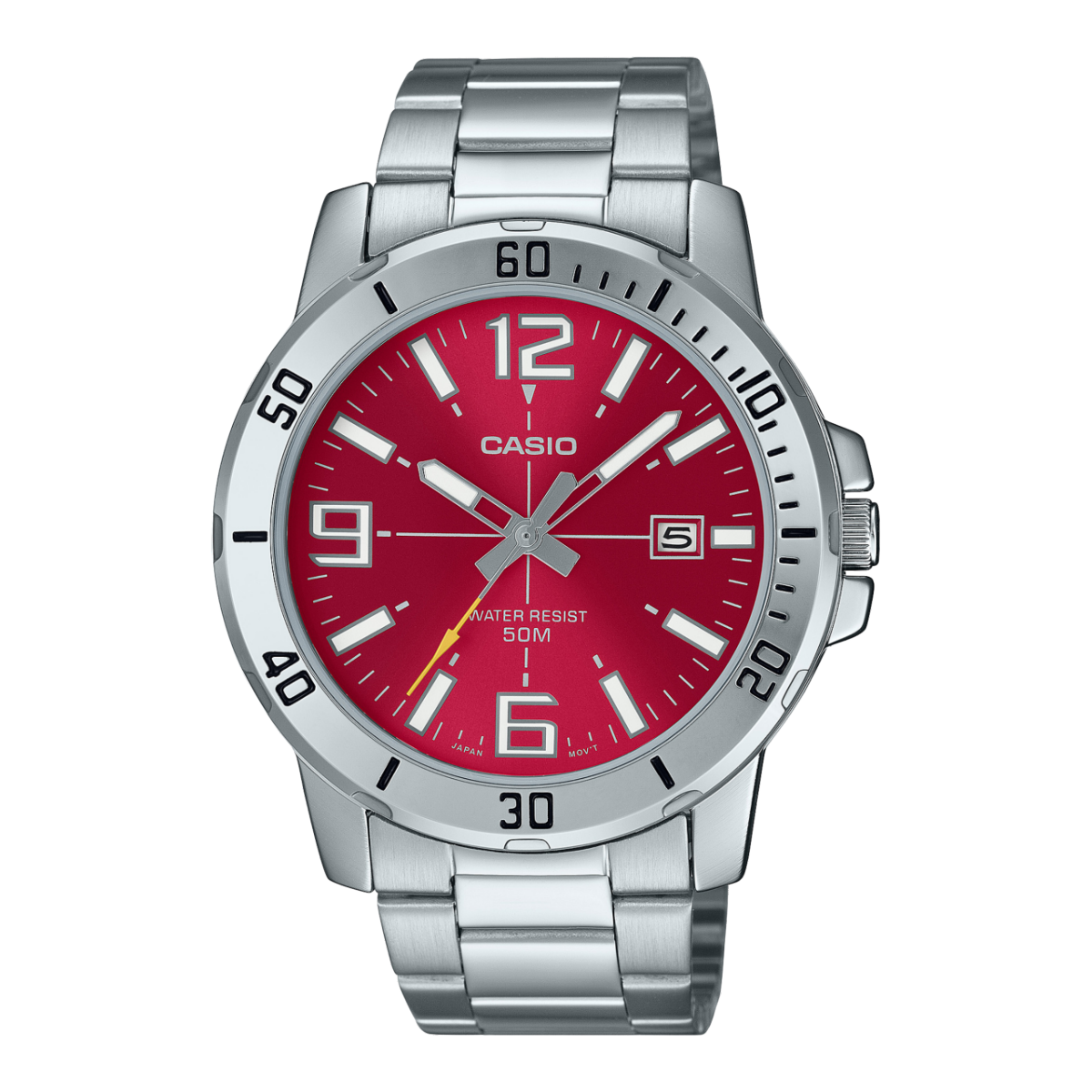 Casio MTP-VD01D-4B men's watch featuring a vibrant red sunray dial and silver stainless steel bracelet. Main image