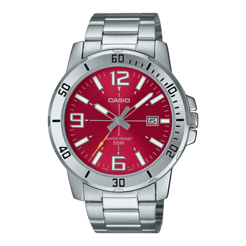 Casio MTP-VD01D-4B men's watch featuring a vibrant red sunray dial and silver stainless steel bracelet.