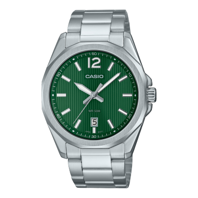 Casio MTP-E725D-3A men's stainless steel watch with green dial and silver strap