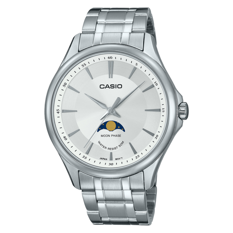 Casio MTP-M100D-7A watch featuring a silver sunray dial 