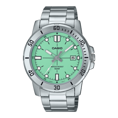 Casio General – MTP-VD01D-3E1V watch with a silver stainless steel band, green dial, and luminous hands, showcasing a classic and elegant design.