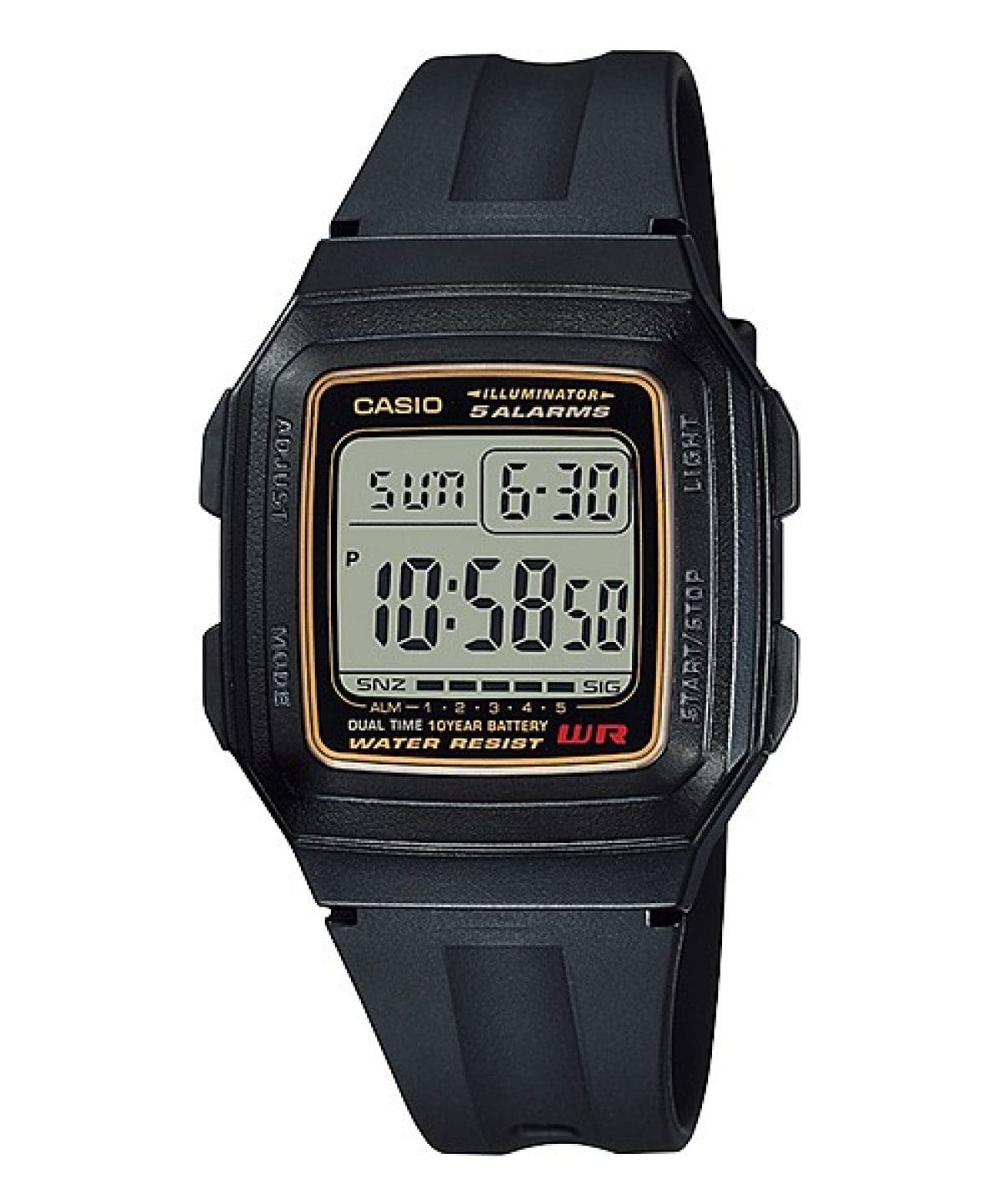 Casio F-201WA-9A digital watch black resin strap front view