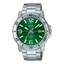 Casio General MTP-VD01D-3BV men's wristwatch featuring a silver stainless steel bracelet, a round black dial with silver-tone hands and hour markers, and a date display at 3 o'clock.