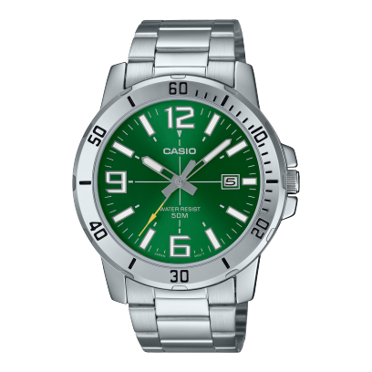 Casio General MTP-VD01D-3BV men's wristwatch featuring a silver stainless steel bracelet, a round black dial with silver-tone hands and hour markers, and a date display at 3 o'clock.