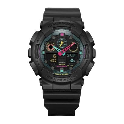 Casio G-Shock GA-100MF-1A digital and analog men's sports watch with black resin band, black dial, and metallic accents,