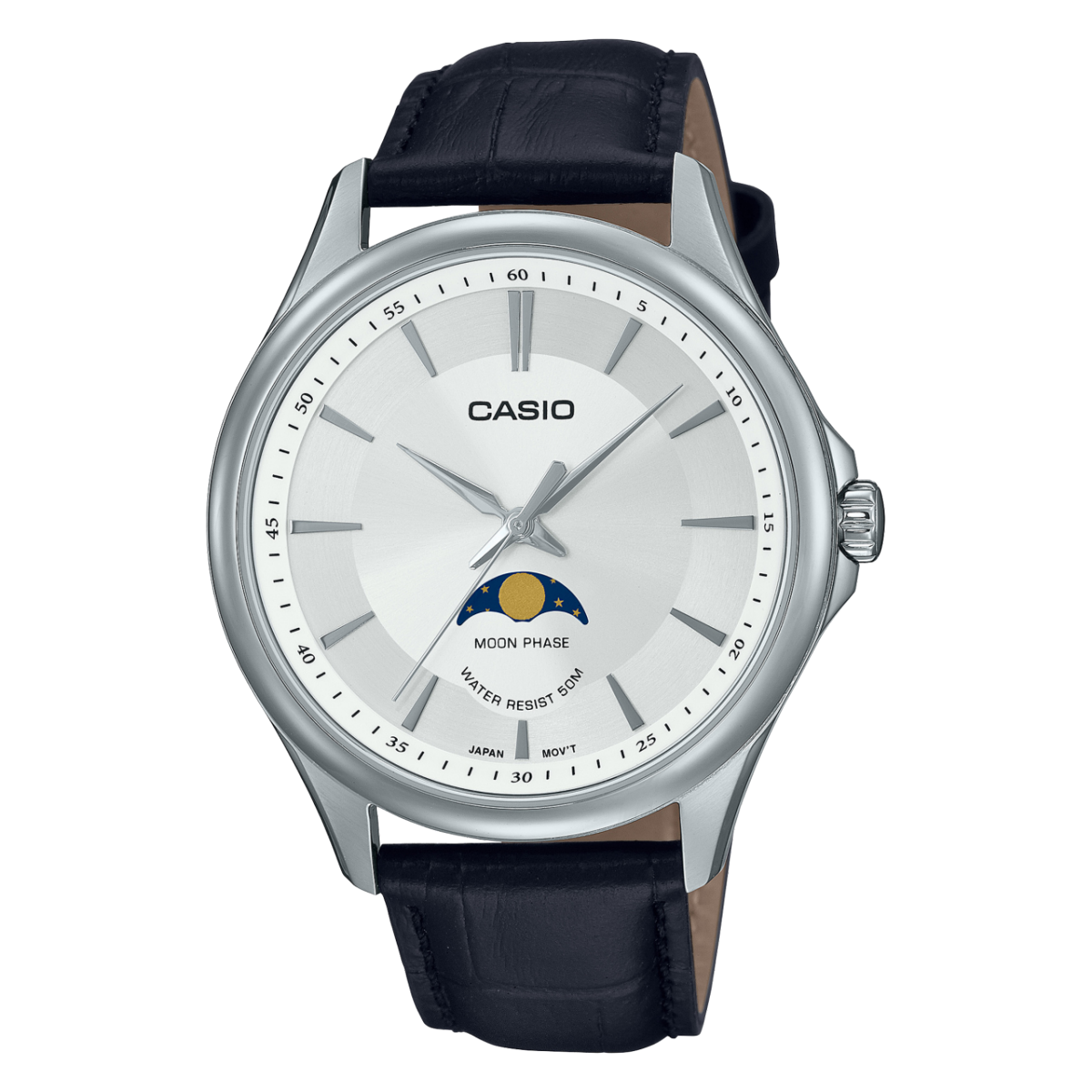 Casio MTP-M100L-7A dress watch featuring a silver dial, moon phase complication, and black leather strap. Main image