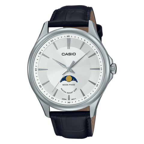 Casio MTP-M100L-7A dress watch featuring a silver dial, moon phase complication, and black leather strap.