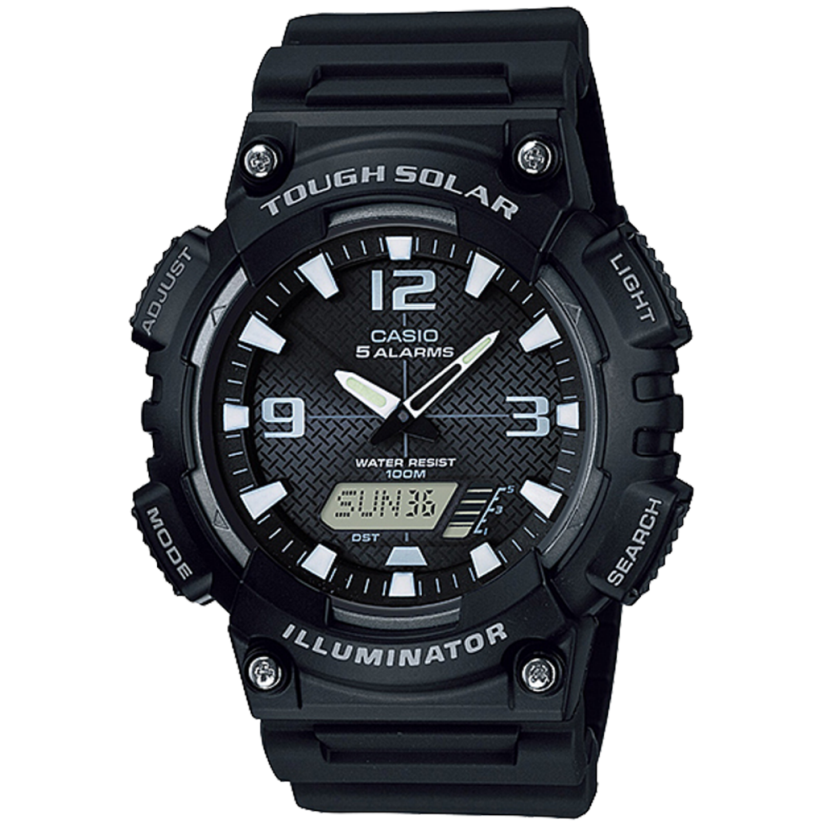 Black Casio watch with digital and analog display on a white background Main image