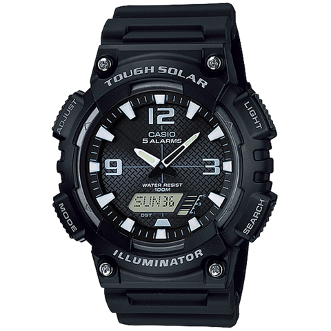 Black Casio watch with digital and analog display on a white background