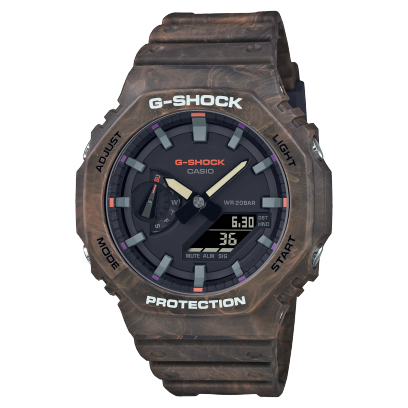 Casio G-Shock GA-2100FR-5A men's digital and analog watch with a rugged, camouflage-inspired design in brown and orange tones, featuring shock resistance Main image