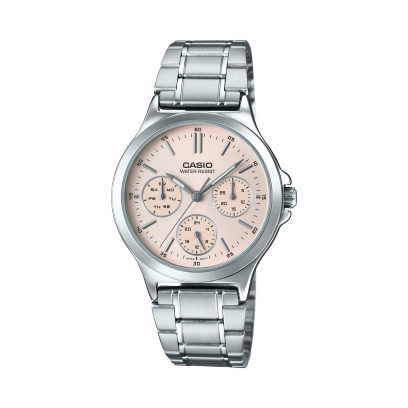 Close-up image of the Casio LTP-V300D-4A women's watch featuring a silver stainless steel band and a round dial with a pink background and silver-tone hour markers.