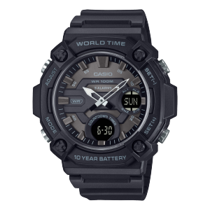 Black Casio watch with digital and analog display on a white background Main image