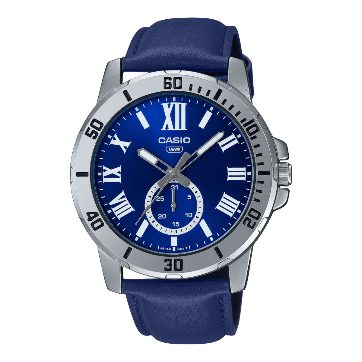 Casio MTP-VD200L-2B watch featuring a navy blue dial, silver-tone case, and blue leather strap. Main image