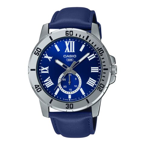 Casio MTP-VD200L-2B watch featuring a navy blue dial, silver-tone case, and blue leather strap.