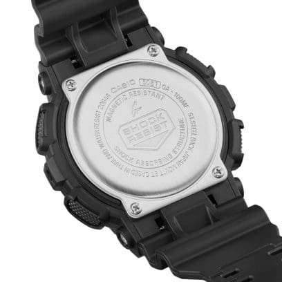 Casio G-Shock GA-100MF-1A digital and analog men's sports watch with black resin band, black dial, and metallic accents,