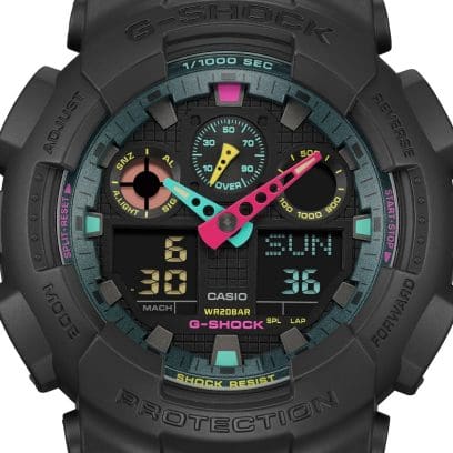 Casio G-Shock GA-100MF-1A digital and analog men's sports watch with black resin band, black dial, and metallic accents,
