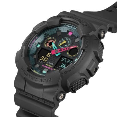 Casio G-Shock GA-100MF-1A digital and analog men's sports watch with black resin band, black dial, and metallic accents,