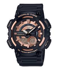 Black and rose gold Casio watch with digital and analog display on a white background Main image