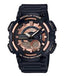 Black and rose gold Casio watch with digital and analog display on a white background