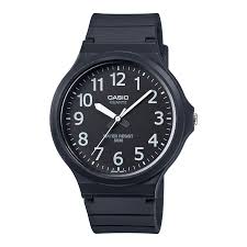 Black Casio watch with a white face on a white background