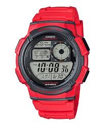 Casio AE-1000W-4A digital watch featuring a black round case and a vibrant  strap.