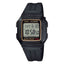 Casio F-201WA-9ADF digital watch with black resin strap, gold-accented display, rectangular digital screen, and LED backlight