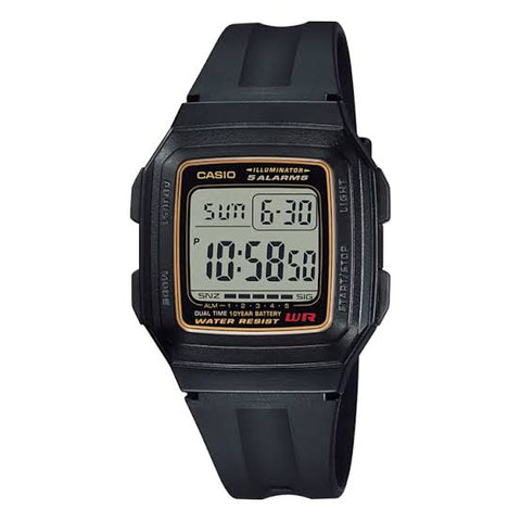 Casio F-201WA-9ADF digital watch with black resin strap, gold-accented display, rectangular digital screen, and LED backlight