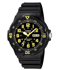 Black wristwatch with yellow hour markers on a white background