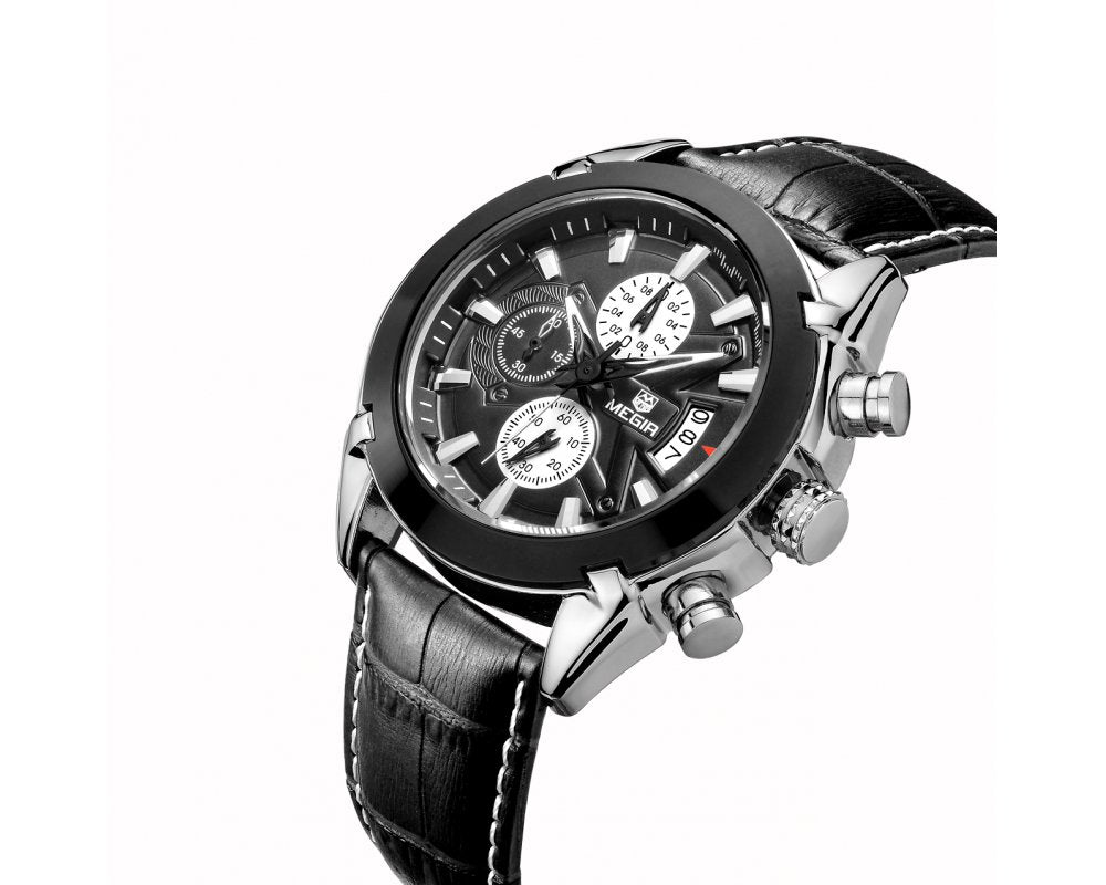 MEGIR 2020G Mens Military Wrist Watch Chronograph Multifunction 3ATM Waterproof Quartz (Black) - Zamana.pk