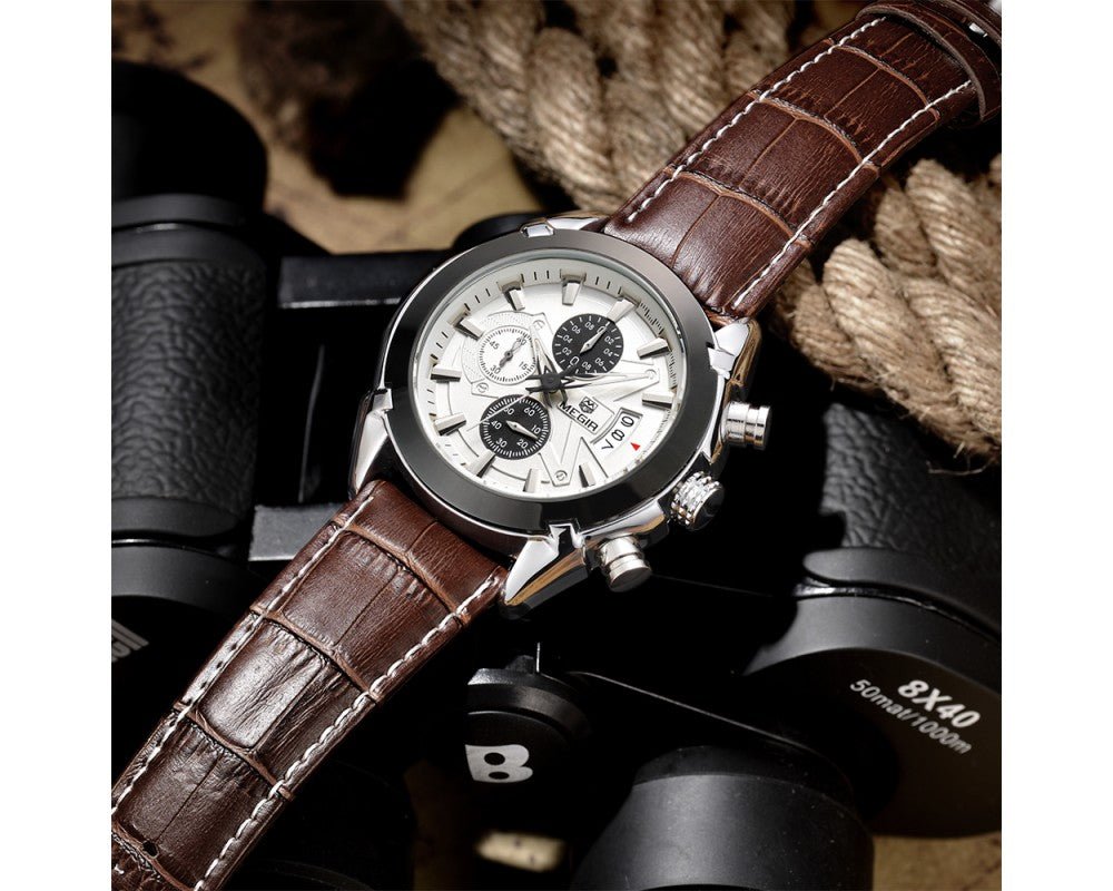 MEGIR 2020G Mens Military Wrist Watch Chronograph Multifunction 3ATM Waterproof Quartz (Brown) - Zamana.pk