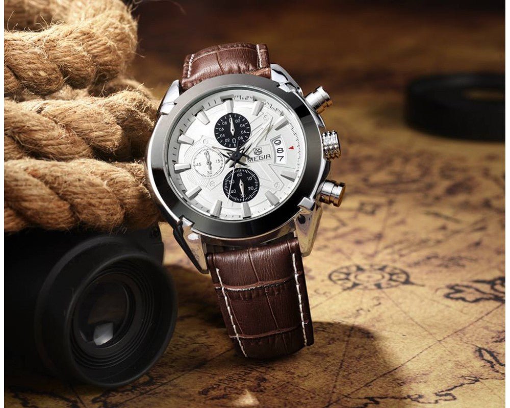 MEGIR 2020G Mens Military Wrist Watch Chronograph Multifunction 3ATM Waterproof Quartz (Brown) - Zamana.pk