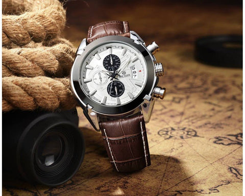 MEGIR 2020G Mens Military Wrist Watch Chronograph Multifunction 3ATM Waterproof Quartz (Brown) - Zamana.pk