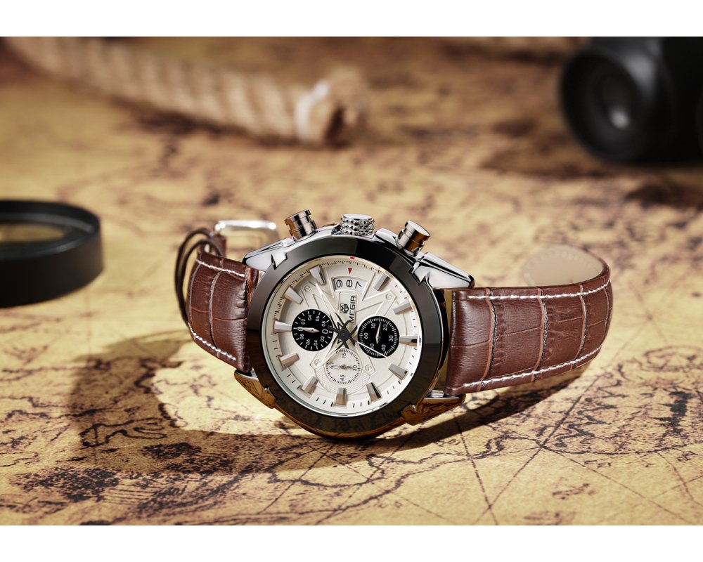 MEGIR 2020G Mens Military Wrist Watch Chronograph Multifunction 3ATM Waterproof Quartz (Brown) - Zamana.pk