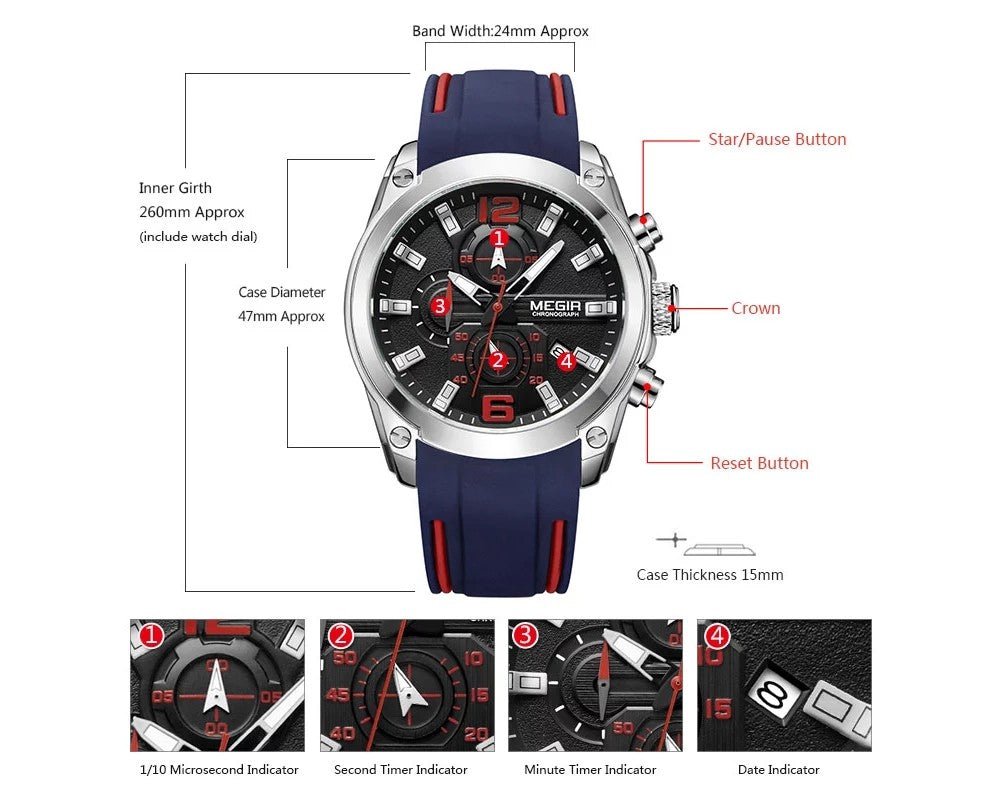 MEGIR 2063 Men's Chronograph Analog Quartz Watch, Silicone Strap Wristwatch - Zamana.pk