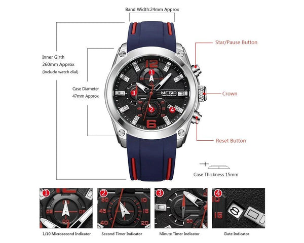 MEGIR 2063 Men's Chronograph Analog Quartz Watch, Silicone Strap Wristwatch - Zamana.pk