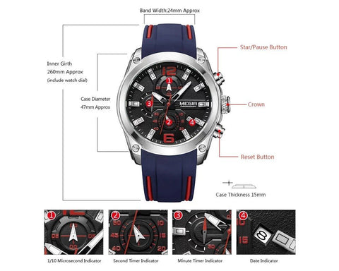 MEGIR 2063 Men's Chronograph Analog Quartz Watch, Silicone Strap Wristwatch - Zamana.pk