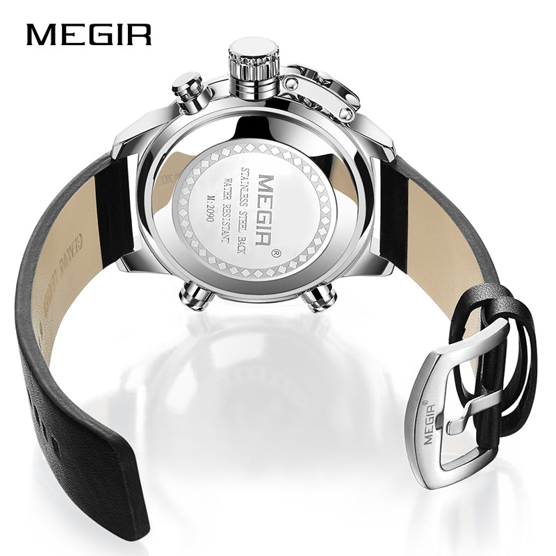 MEGIR 2090 Men's Sport Quartz Watches Leather Strap Chronograph Luminous Army Wristwatch (Black) - Zamana.pk