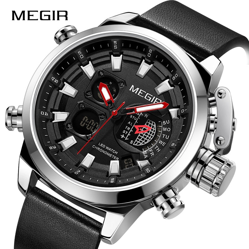 MEGIR 2090 Men's Sport Quartz Watches Leather Strap Chronograph Luminous Army Wristwatch (Black) - Zamana.pk