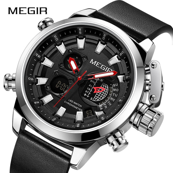 MEGIR 2090 Men's Sport Quartz Watches Leather Strap Chronograph Luminous Army Wristwatch (Black) - Zamana.pk