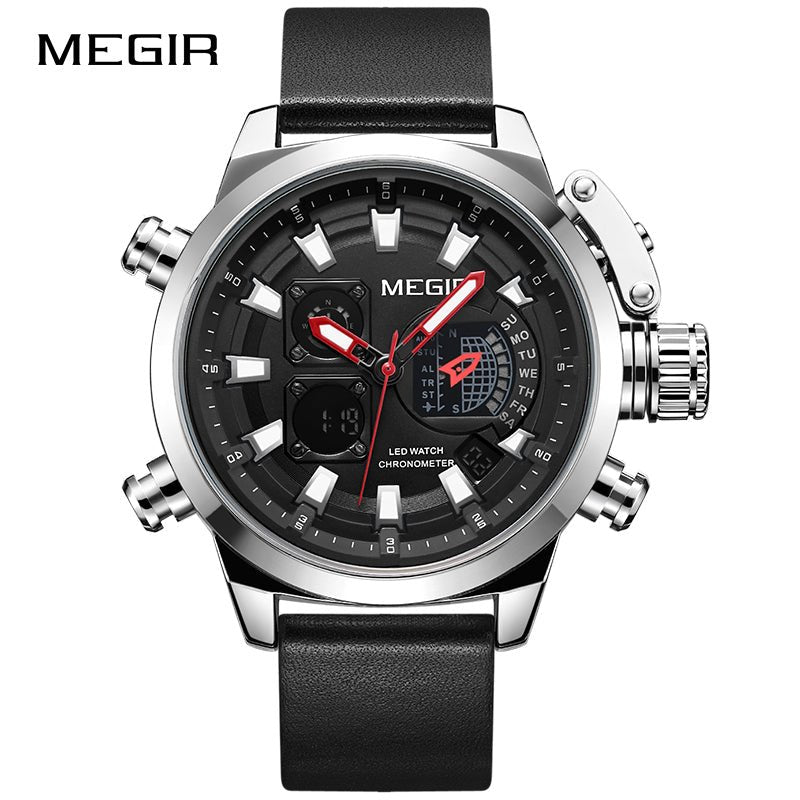 MEGIR 2090 Men's Sport Quartz Watches Leather Strap Chronograph Luminous Army Wristwatch (Black) - Zamana.pk Main image