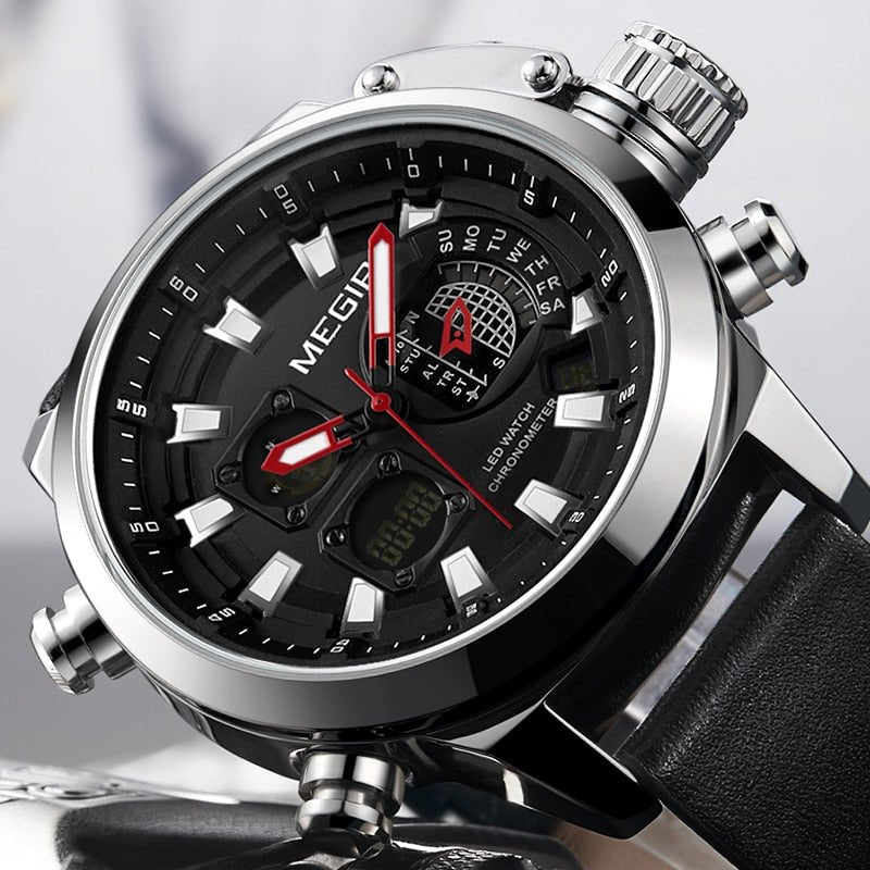 MEGIR 2090 Men's Sport Quartz Watches Leather Strap Chronograph Luminous Army Wristwatch (Black) - Zamana.pk