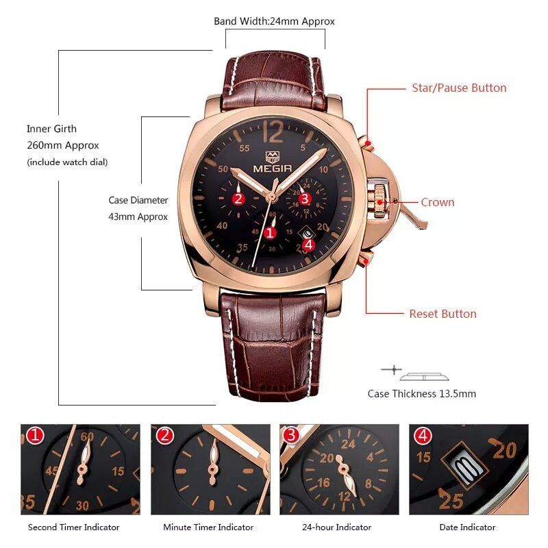 MEGIR 3006 MENS FASHION QUARTZ WATCH WATERPROOF WRISTWATCH GENUINE LEATHER STRAP WATCHES MAN FREE SHIPPING Secondary image