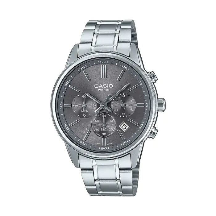 Casio Men MTP-E515D-8A: A sleek and stylish wristwatch featuring a stainless steel band, silver-tone case, and a classic analog dial with luminous hands and markers, perfect for both formal and casual occasions. Main image