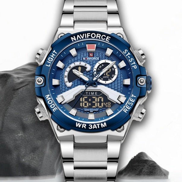 NF - 9207 steel strap and blue digital dial military grade quality stunning loos Analog - Digital Watch - For Men - Zamana.pk