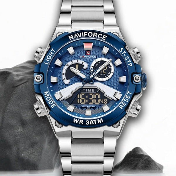 NF - 9207 steel strap and blue digital dial military grade quality stunning loos Analog - Digital Watch - For Men - Zamana.pk