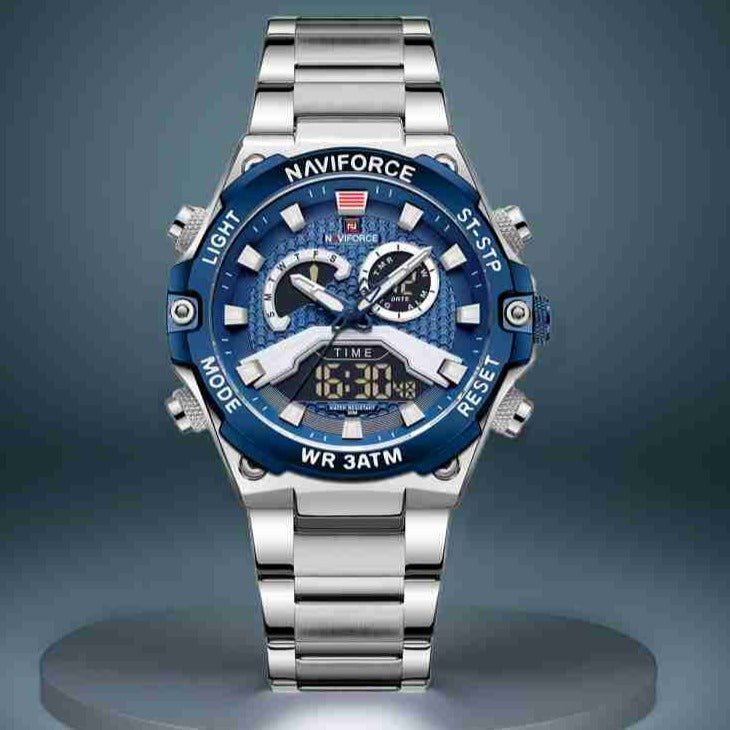 NF - 9207 steel strap and blue digital dial military grade quality stunning loos Analog - Digital Watch - For Men - Zamana.pk Main image