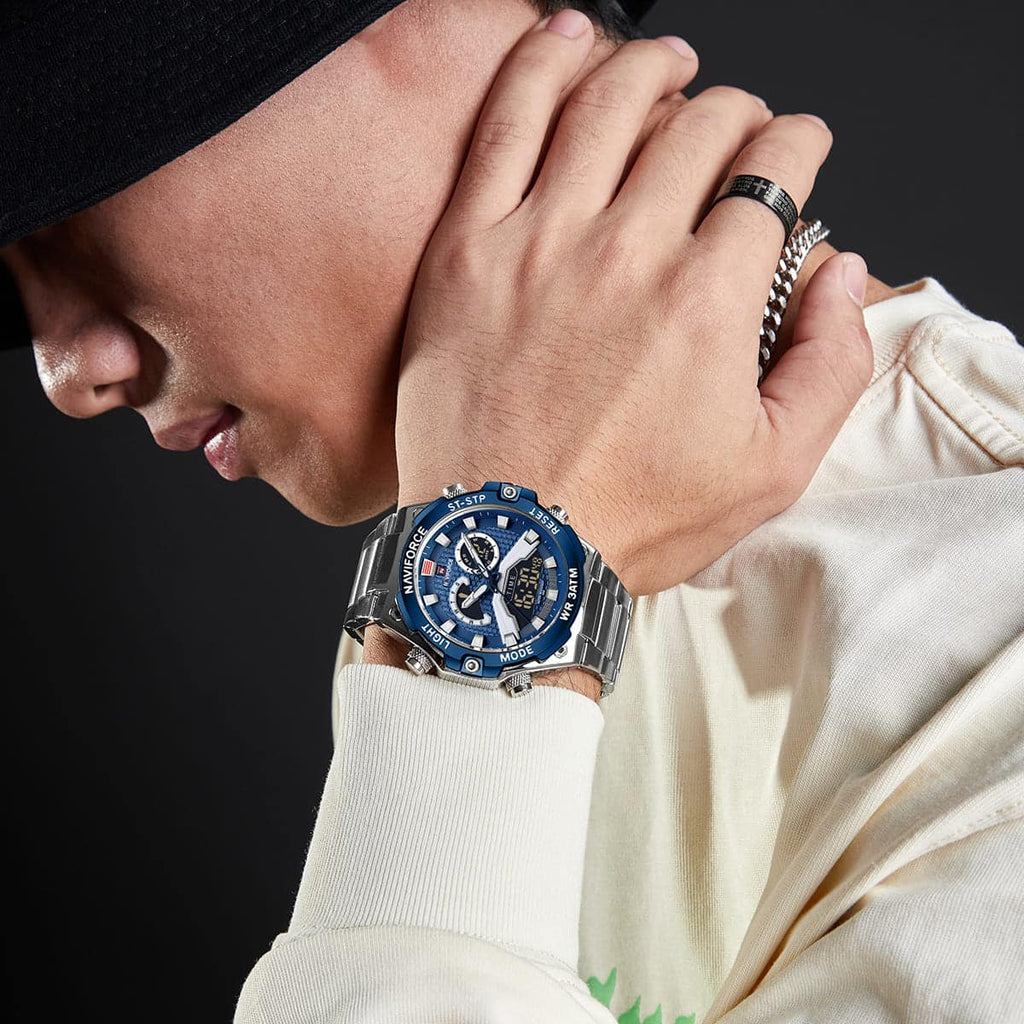 NF - 9207 steel strap and blue digital dial military grade quality stunning loos Analog - Digital Watch - For Men - Zamana.pk