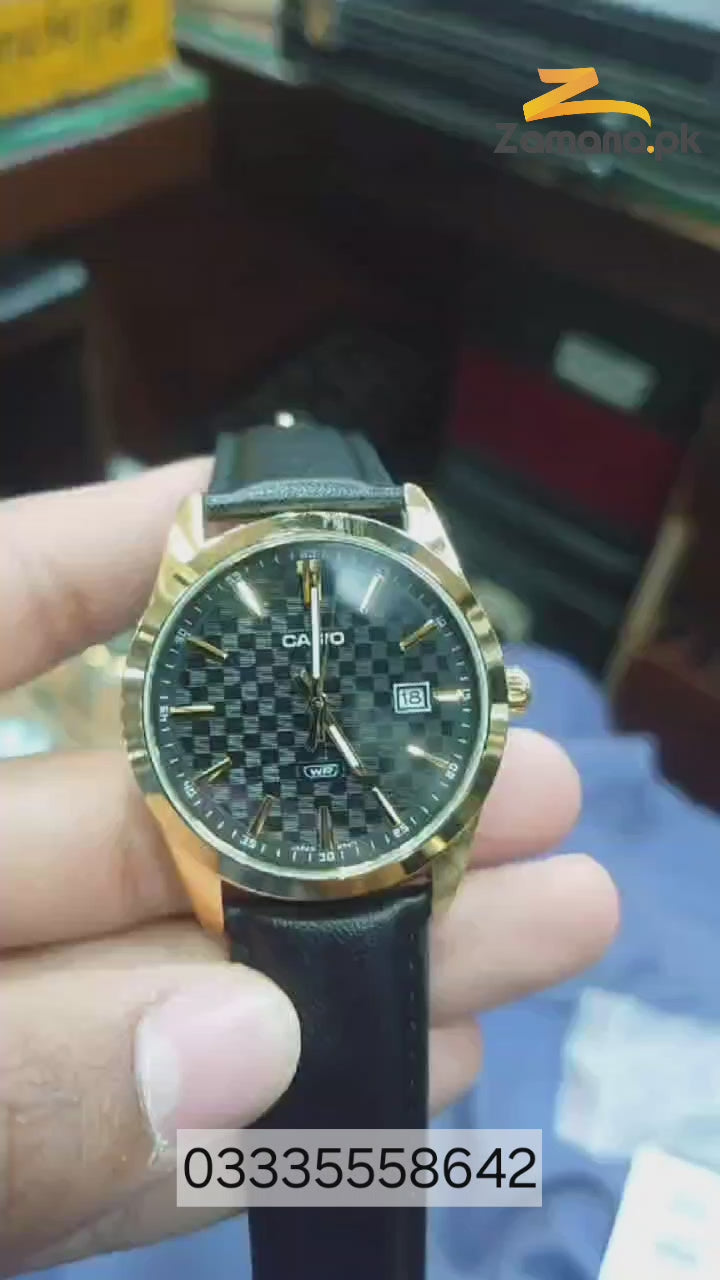 Casio MTP-VD03GL-1AUDF Men's Standard Gold Tone Stainless Steel Black Dial 3-Hand Analog Watch