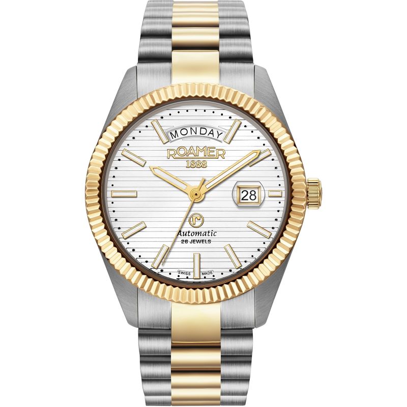 Roamer 981666 47 25 50 Mens Roamer Primeline Daydate II White Pattern Dial Yellow Gold Bicolour Automatic Watch - Zamana.pk Main image